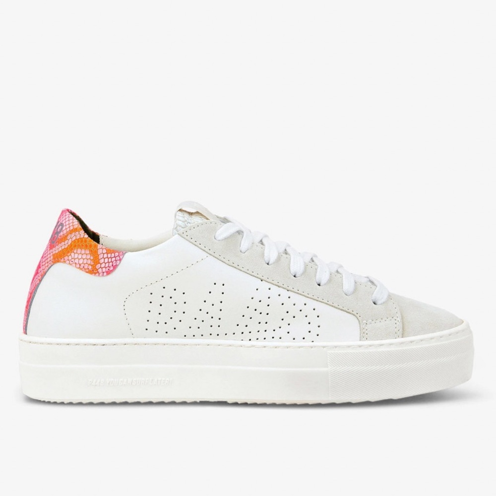P448 White Thea Platform Sneakers With Pink Snake Print Heel Tab